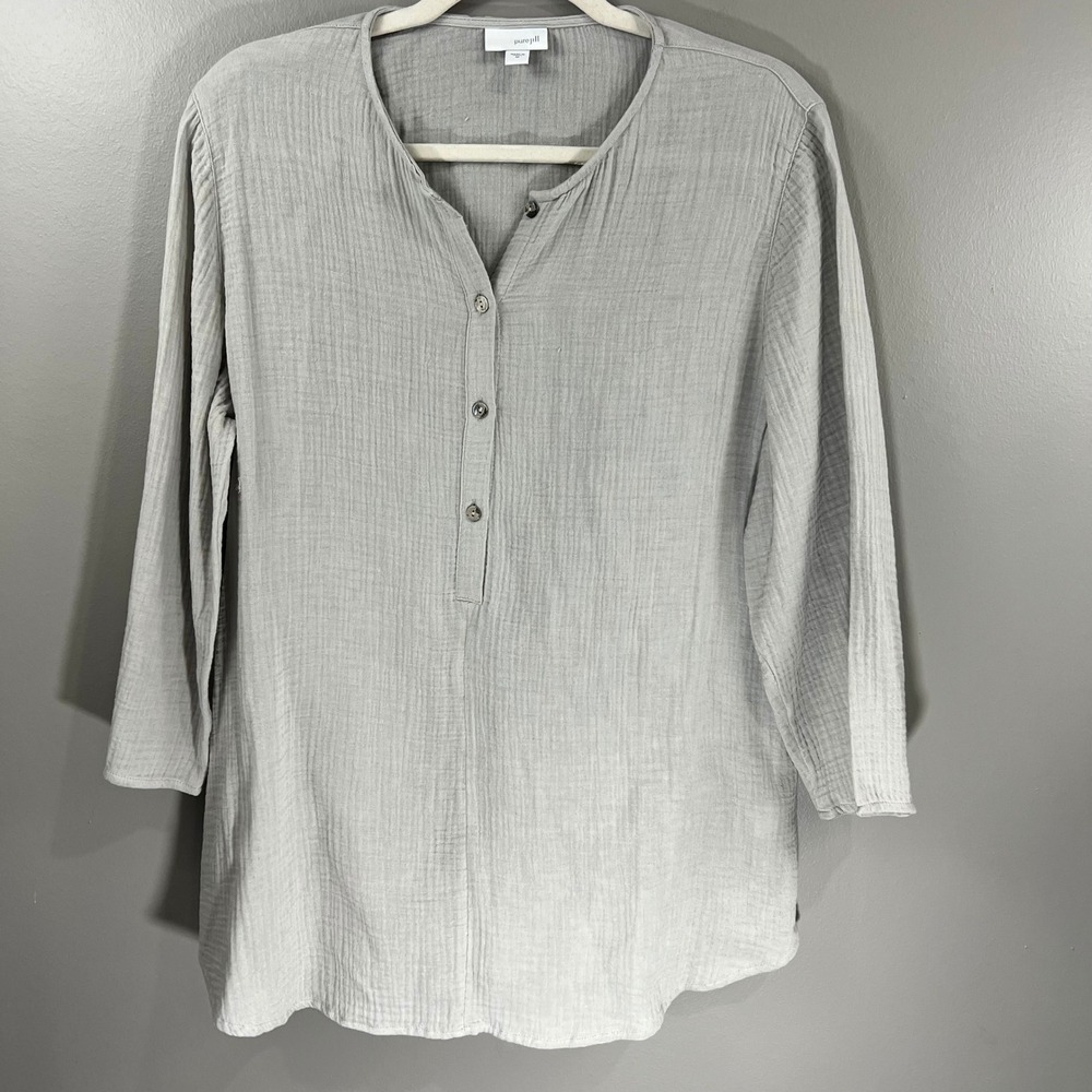 Pure Jill Tunic Top Womens Medium Grey Good Cotton Double Gauze Henley Snag